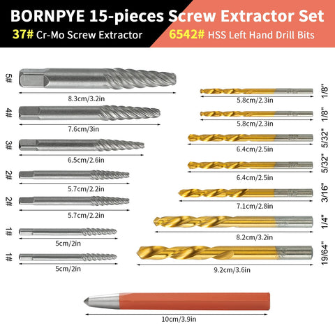 Bornpye bolt extractors ready to remove broken bolts and stripped screws