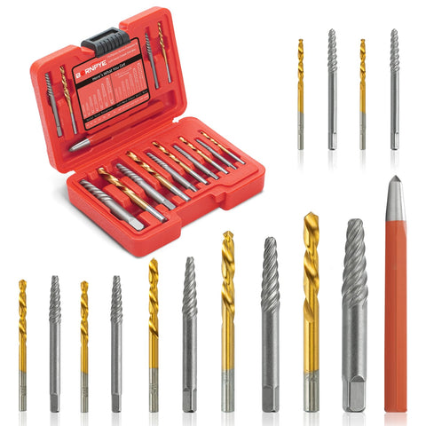 Bornpye left-hand drill bits in the kit for reverse threading and quick fastener relief