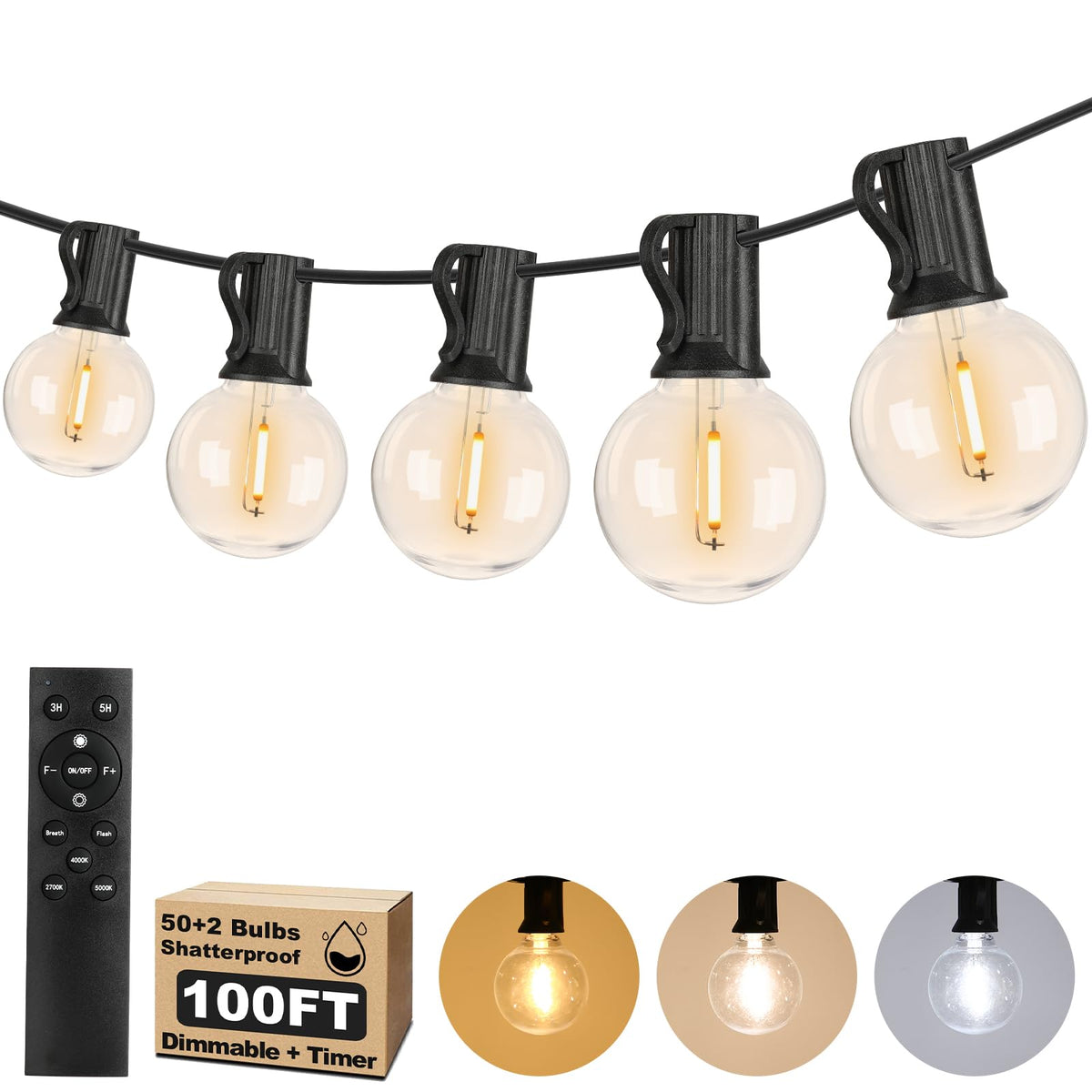 Bosceos 100ft LED outdoor string lights with remote for versatile patio ambiance.