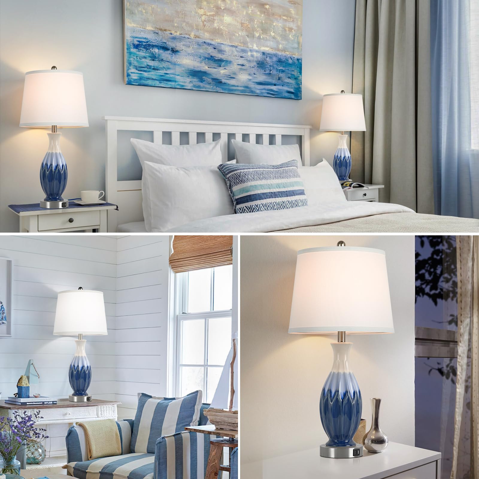 Bosceos ceramic-based navy blue lamp enhances living room ambiance with coastal style.