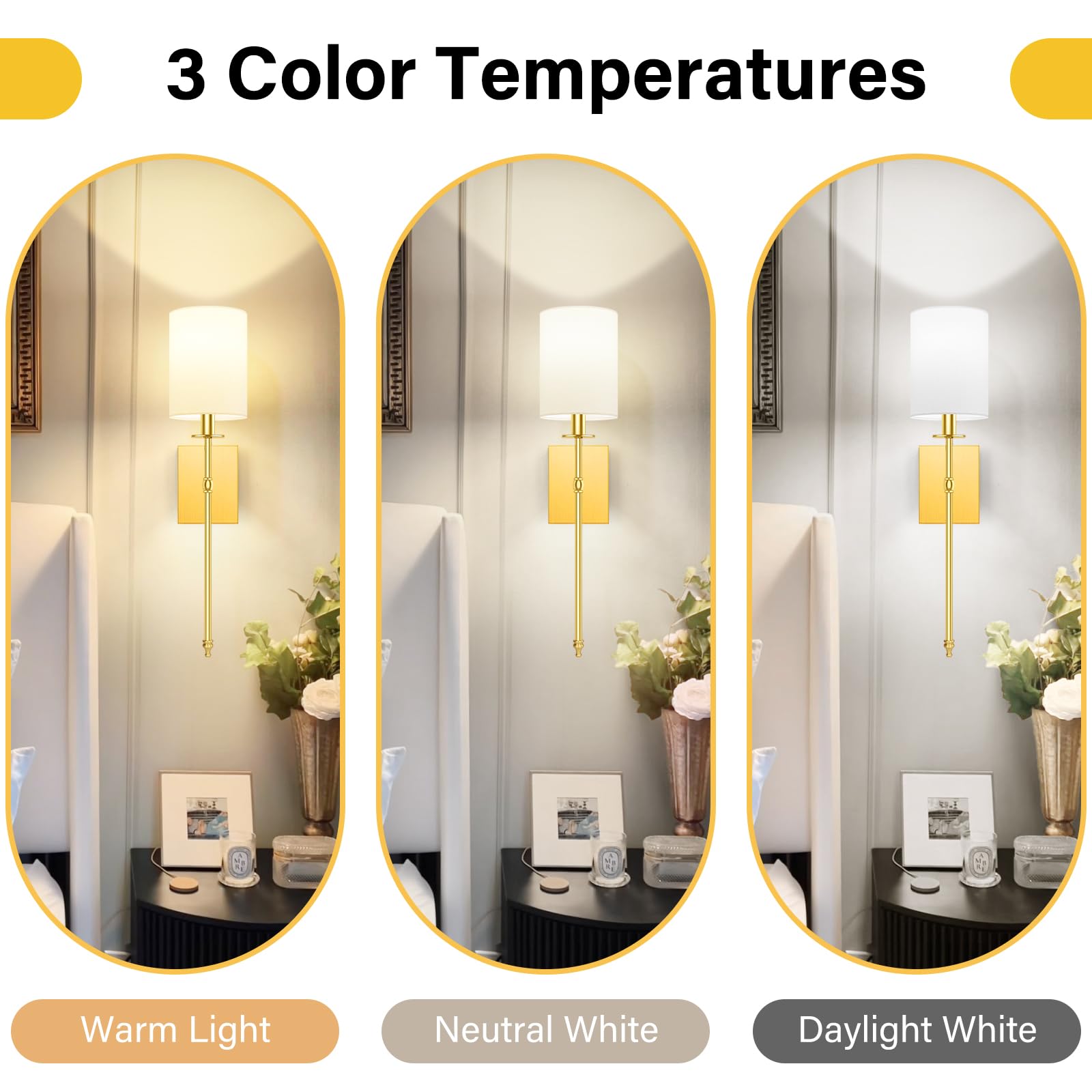 Bosceos gold wall lamp with white fabric shade close-up