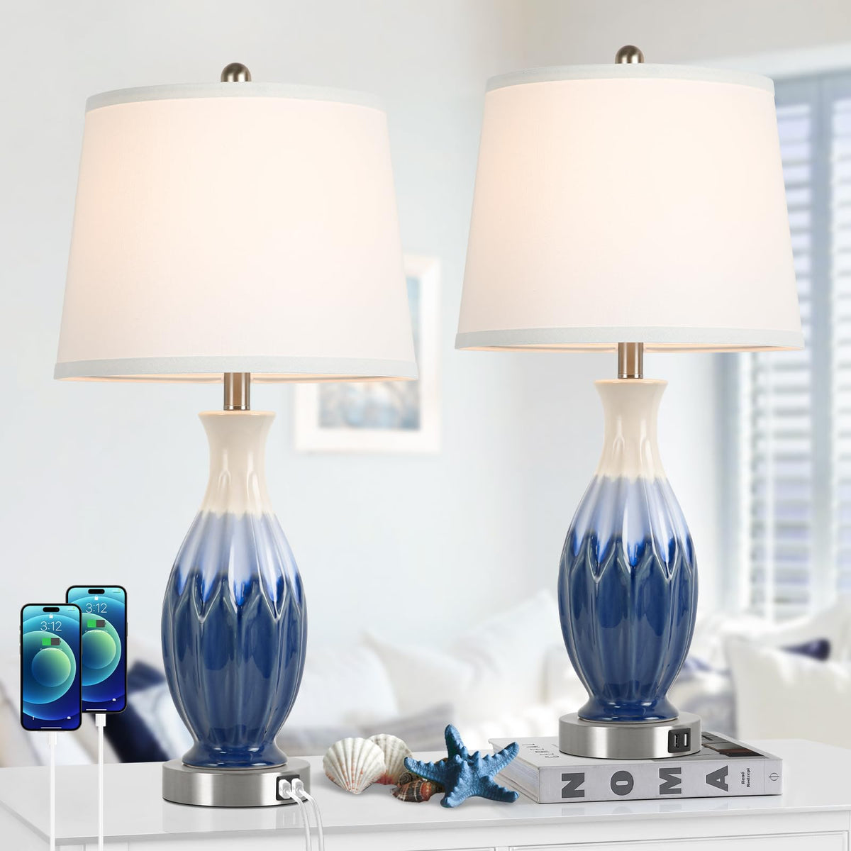 Bosceos navy blue coastal table lamp with ceramic base for elegant bedside lighting.
