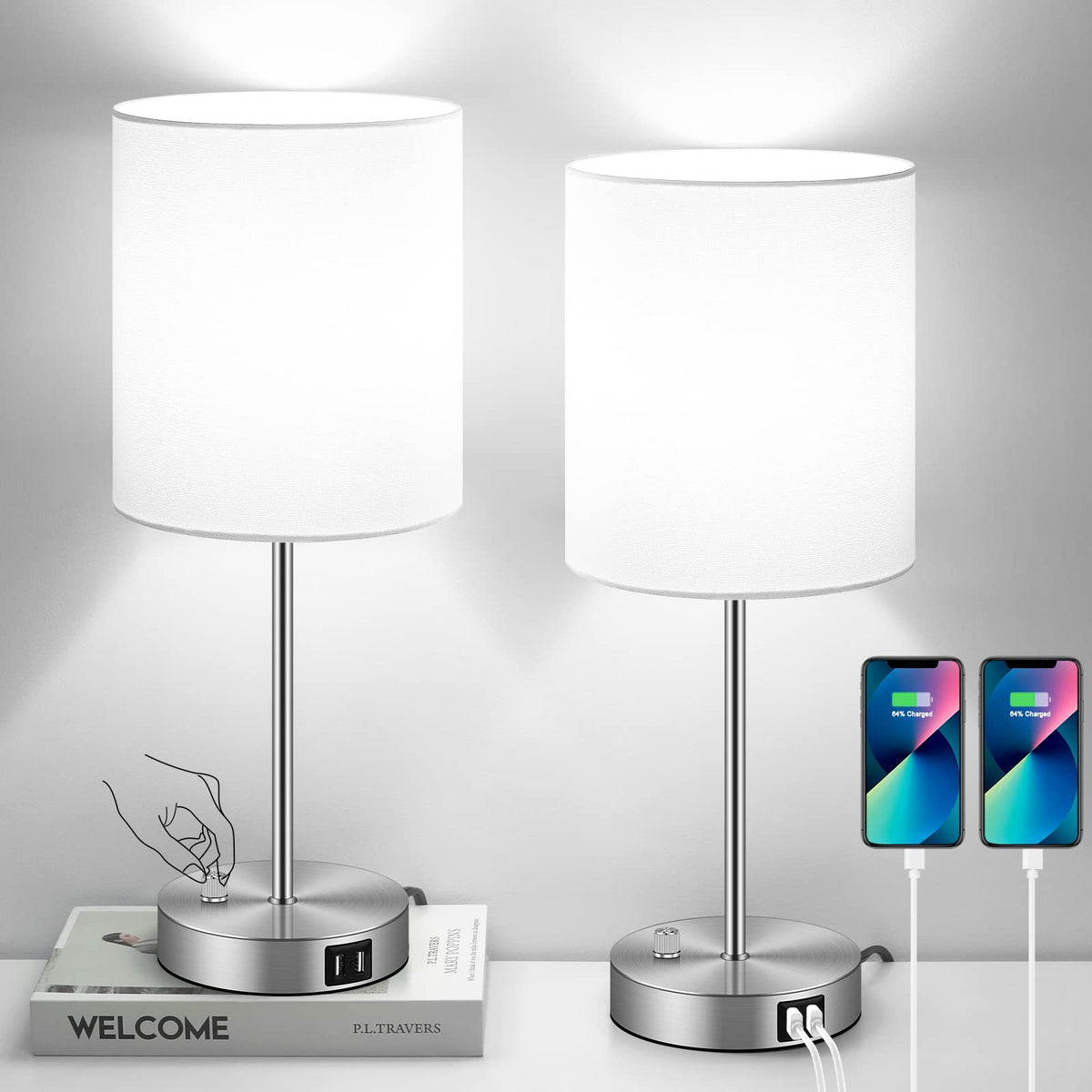 Bosceos set of 2 table lamps with USB ports and AC outlet for charging multiple devices.