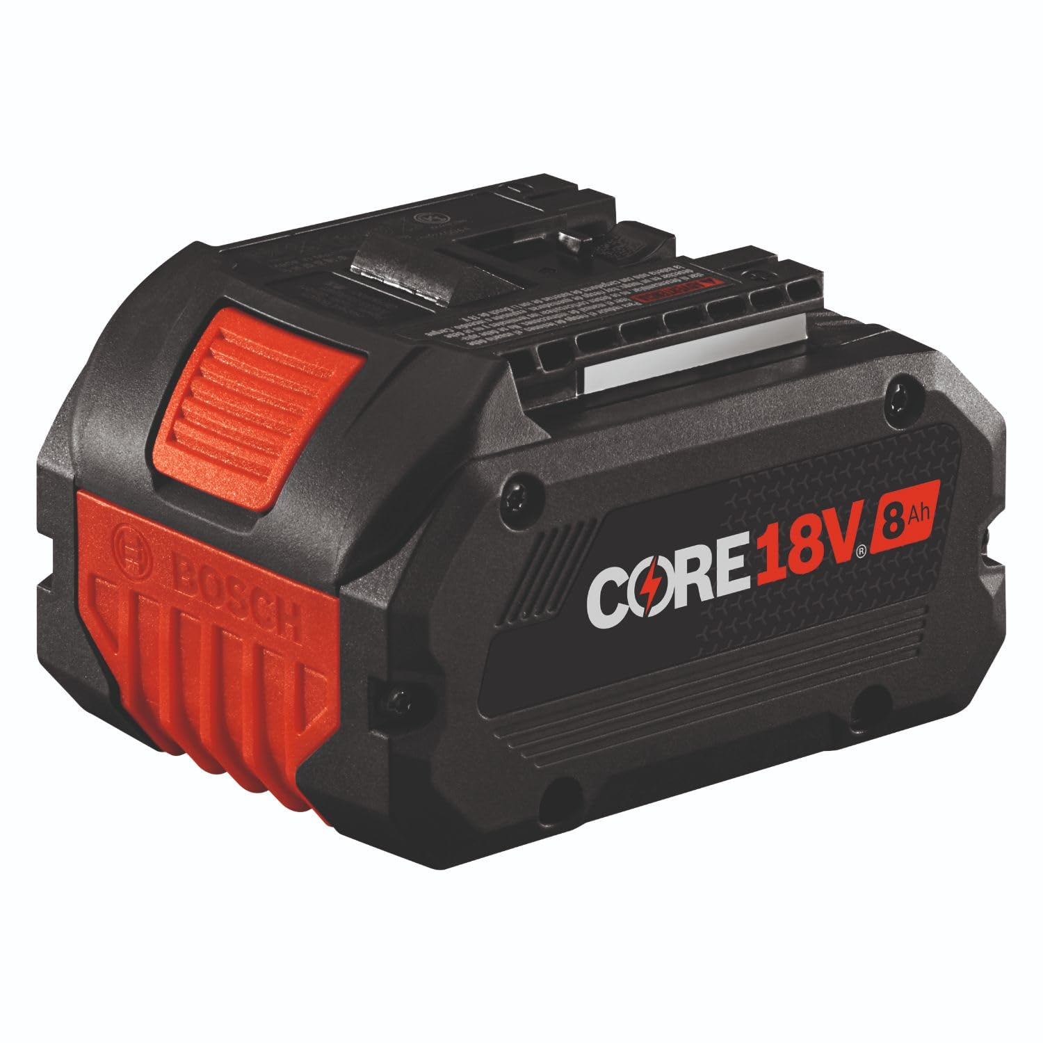 Bosch CORE18V80 front view shows a compact, balanced battery for extended use.