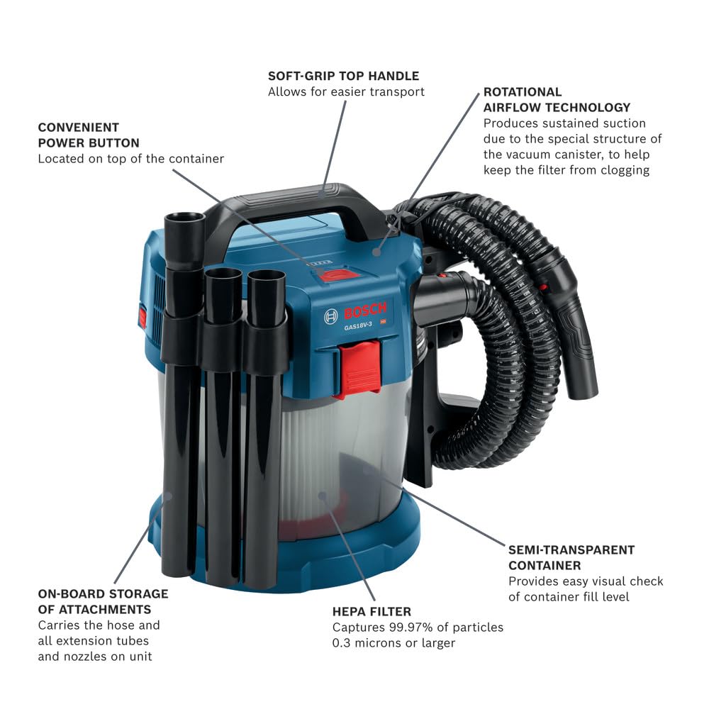 Bosch GAS18V-3N HEPA filter captures fine dust for cleaner workshop air