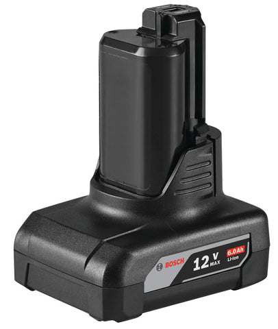 Bosch GBA12V60 battery pack close-up showing 6 Ah capacity.