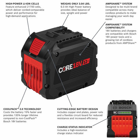 Bosch CORE18V120 12Ah battery side view shows extended runtime for tough jobs