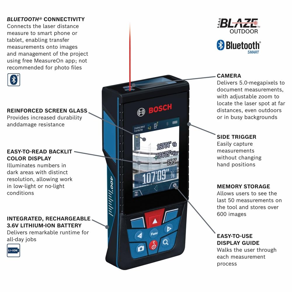 Bosch GLM400CL 400 ft range delivers precise readings up to 1/16 inch.