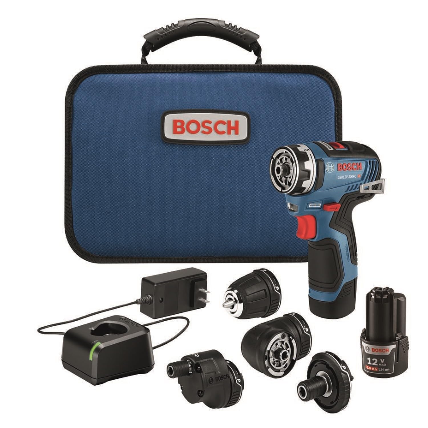 Bosch GSR12V-300FCB22 flexiClick system shown with versatile attachments for easy task switching