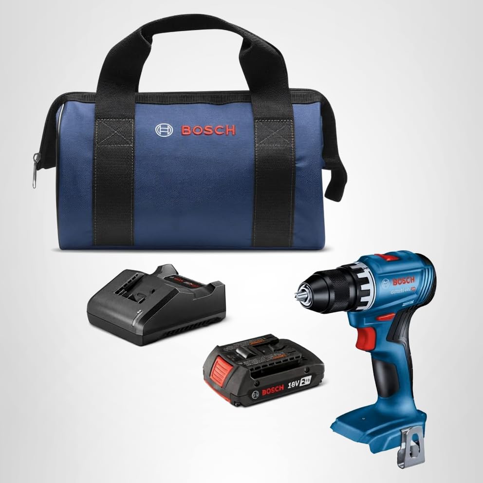 Bosch GSR18V-400B12 kit includes battery, charger, belt clip, and carrying bag