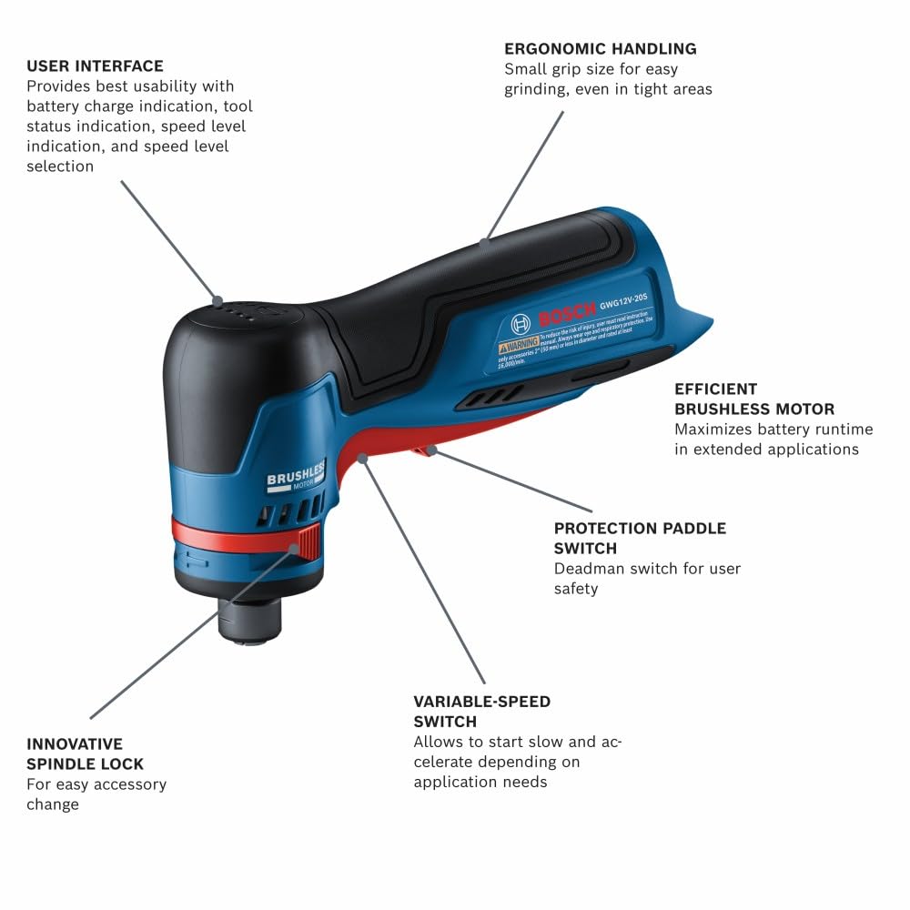 Bosch GWG12V-20SN five-speed buttons enable precise material removal.