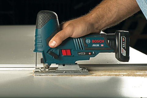 Bosch JS120N die-cast aluminum footplate protects workpiece surface.