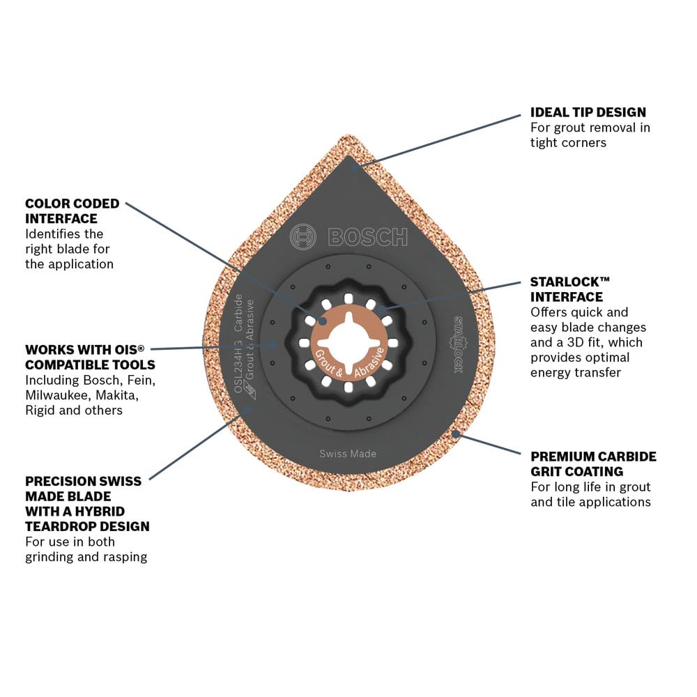 Bosch OSL234HG Starlock-teardrop blade for efficient grinding and rasping tasks.
