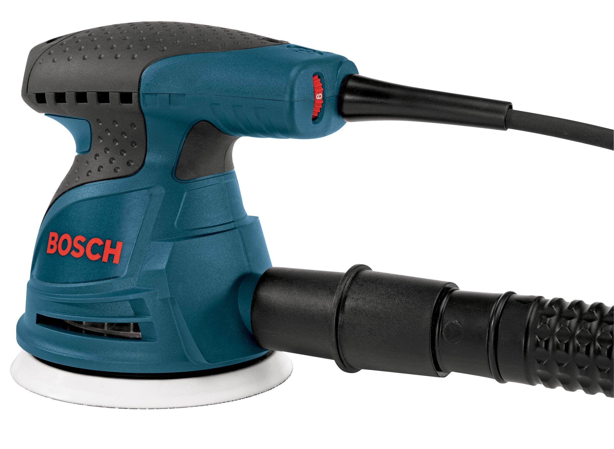 Bosch ROS20VSC palm sander includes dust canister and vacuum adapter.