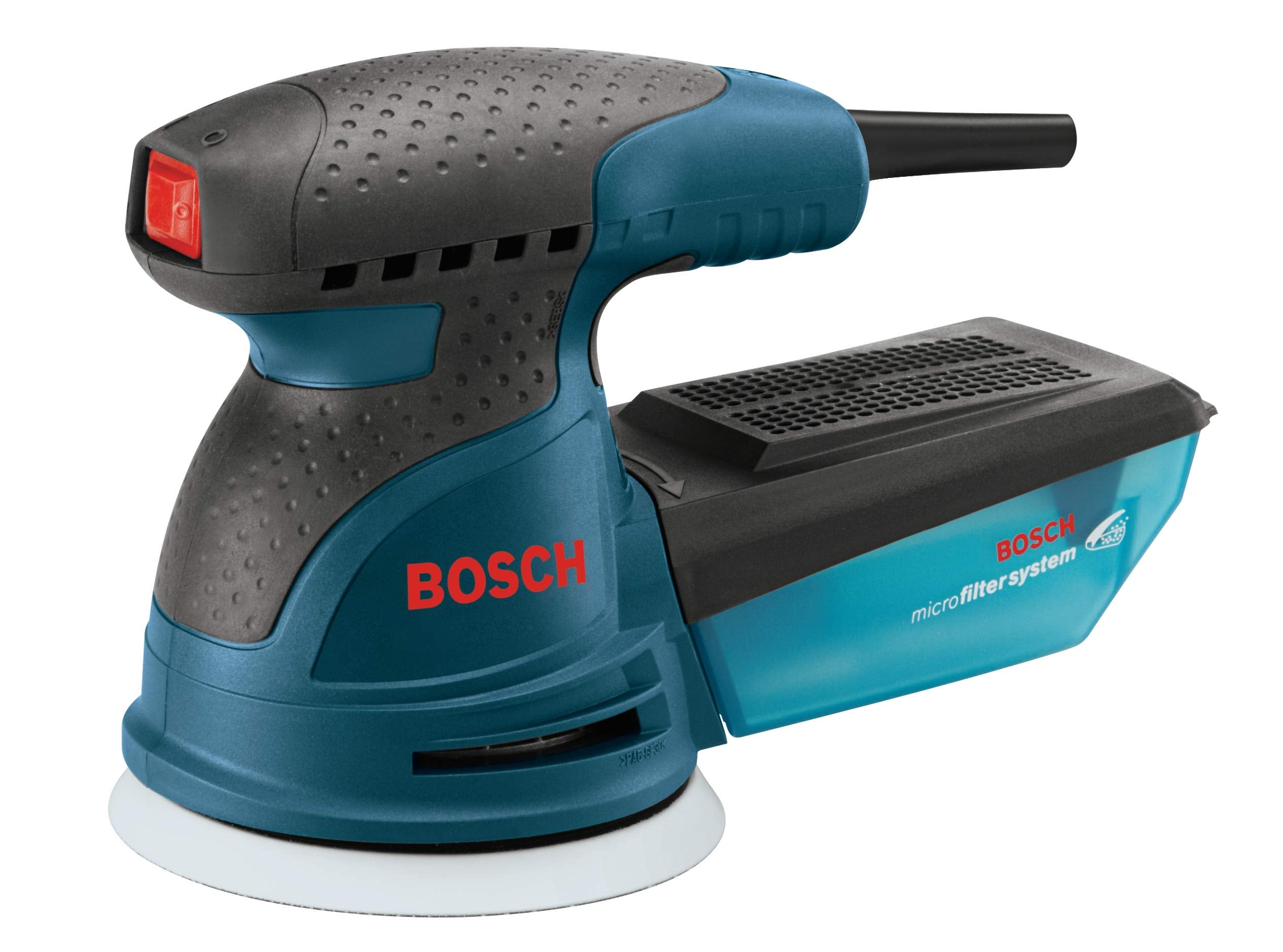 Bosch ROS20VSC palm sander with dust collection improves cleanup during finishing tasks.