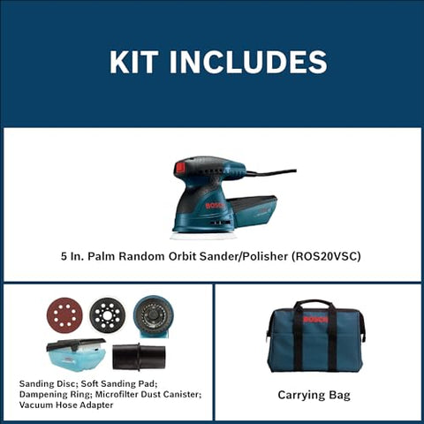 Bosch ROS20VSC palm sander with hook-and-loop discs for quick pad changes.