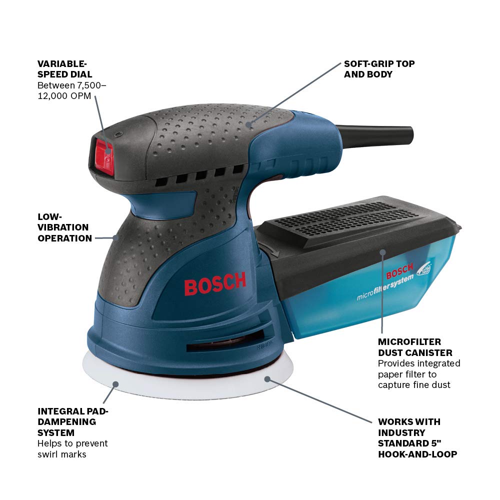 Bosch ROS20VSC palm sander variable speed dial enables precise control.