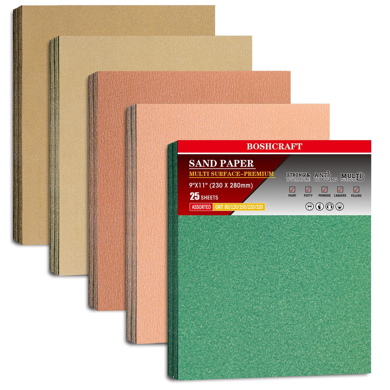 BOSHCRAFT 9x11 sandpaper collection with color-coded grits for easy selection and quick prep