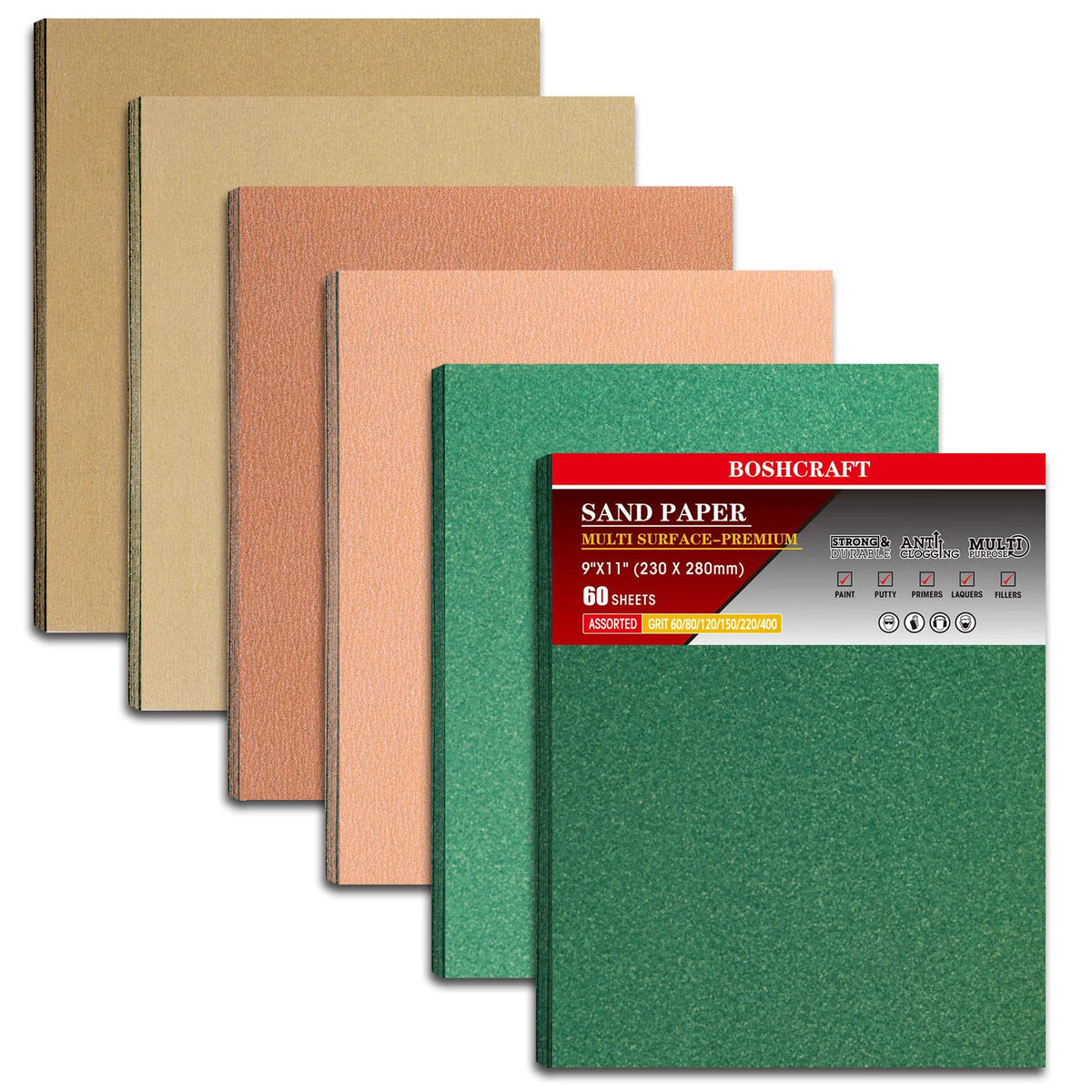 Boshcraft sandpaper set 60-400 grit in 9x11 inches for versatile polishing projects.