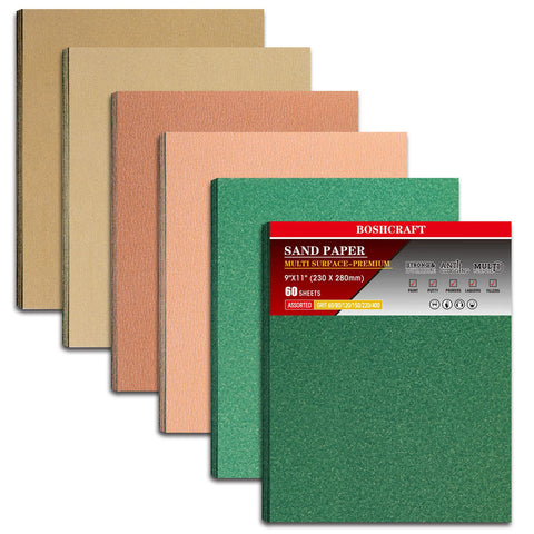 Boshcraft sandpaper set 60-400 grit in 9x11 inches for versatile polishing projects.