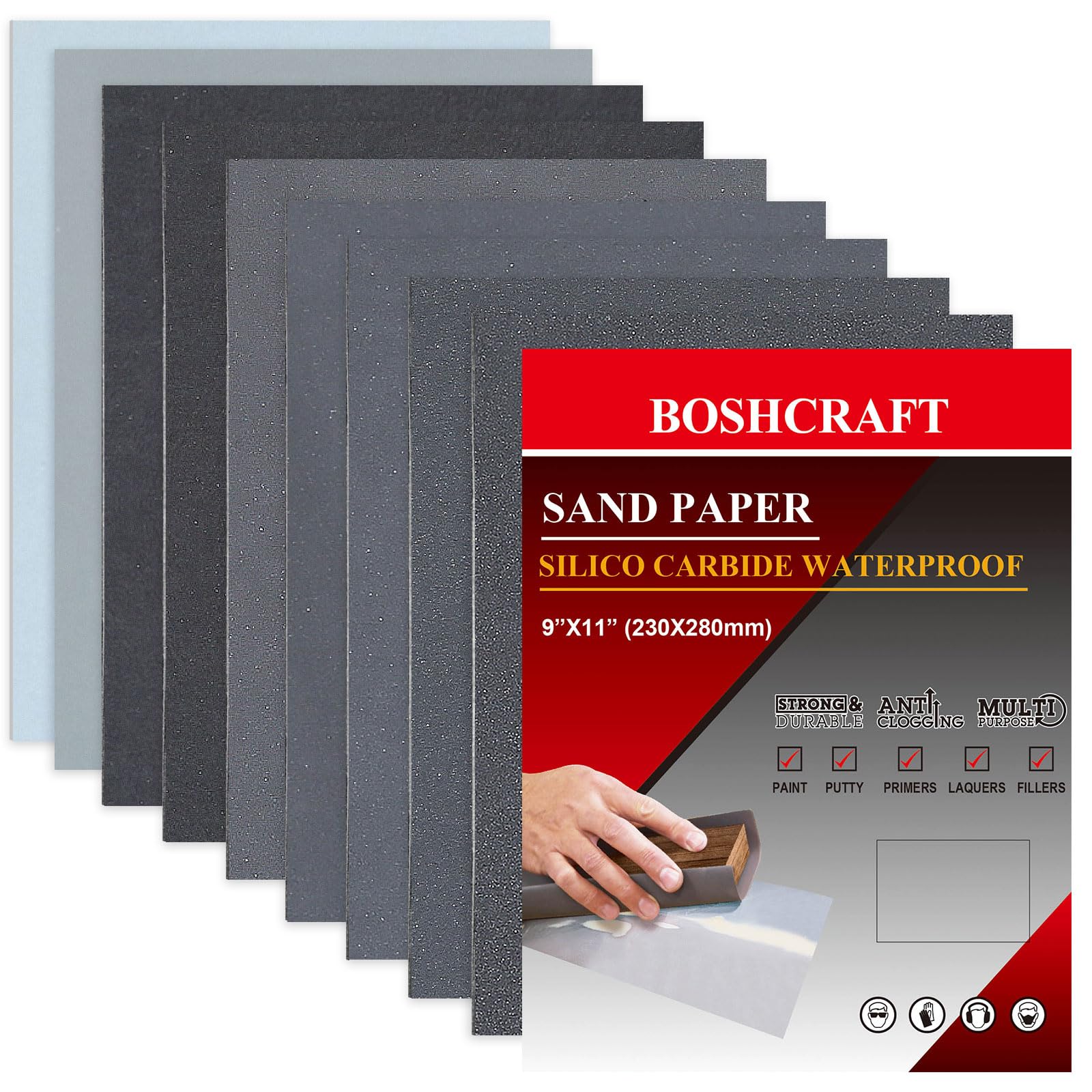 Boshcraft wet sandpaper 400-grit sheet for smooth wood and metal prep.