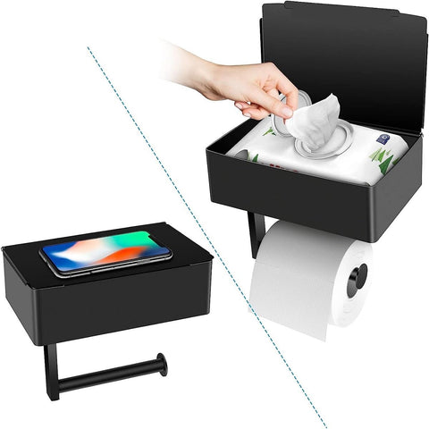 BOSOEI toilet paper holder with storage shelf keeps wet wipes accessible.