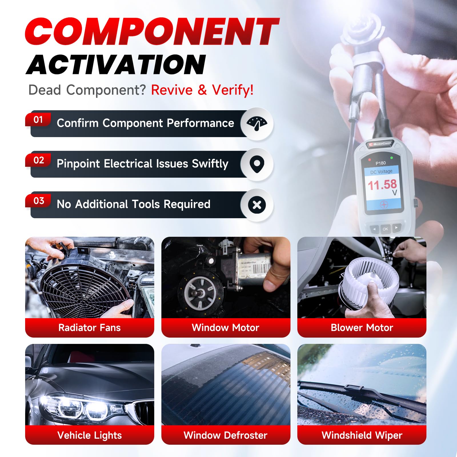BossComm P180 component activation tests car parts like relays and motors