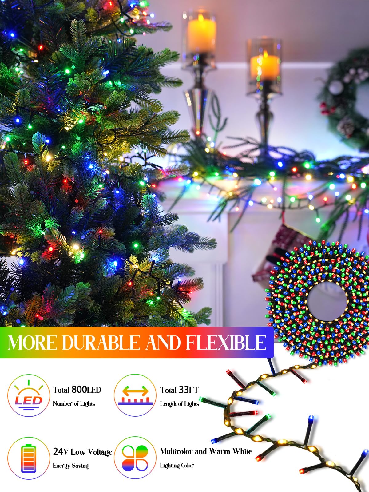 BOSSERN Christmas cluster lights with 15 modes and timer for dynamic effects