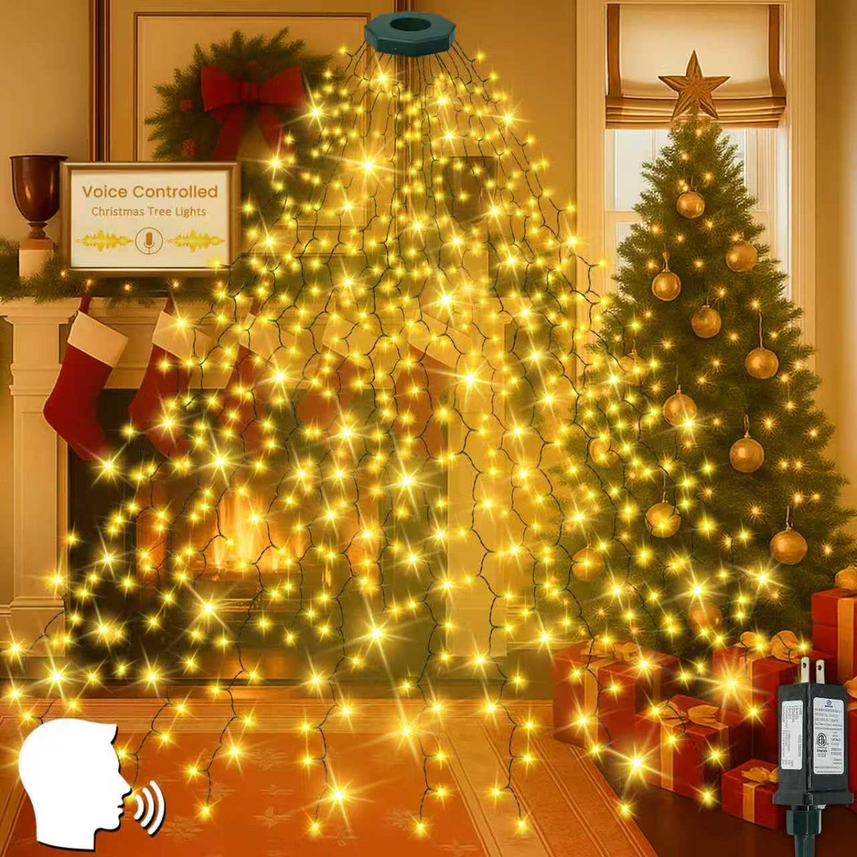 BOSSERN waterfall tree topper ring lights with voice control for festive ambiance