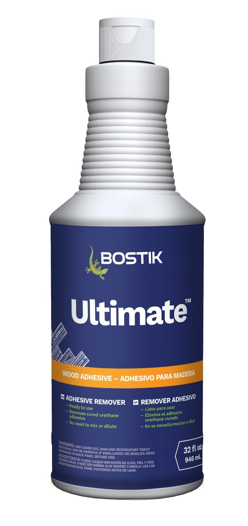 Bostik Ultimate 32oz adhesive remover bottle, low-odor and water-rinseable for easy cleanup.