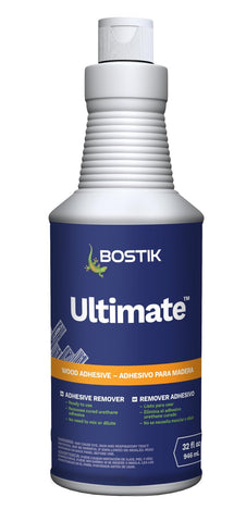 Bostik Ultimate 32oz adhesive remover bottle, low-odor and water-rinseable for easy cleanup.