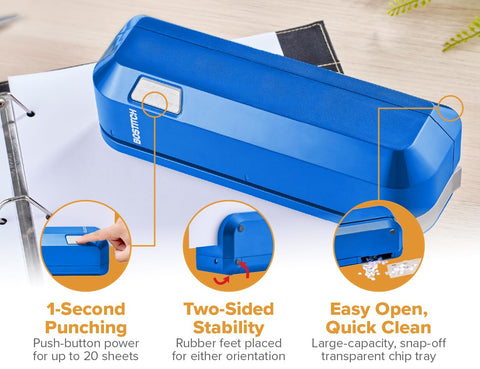 Bostitch EHP20 Blue adjustable paper guide for accurate hole alignment.