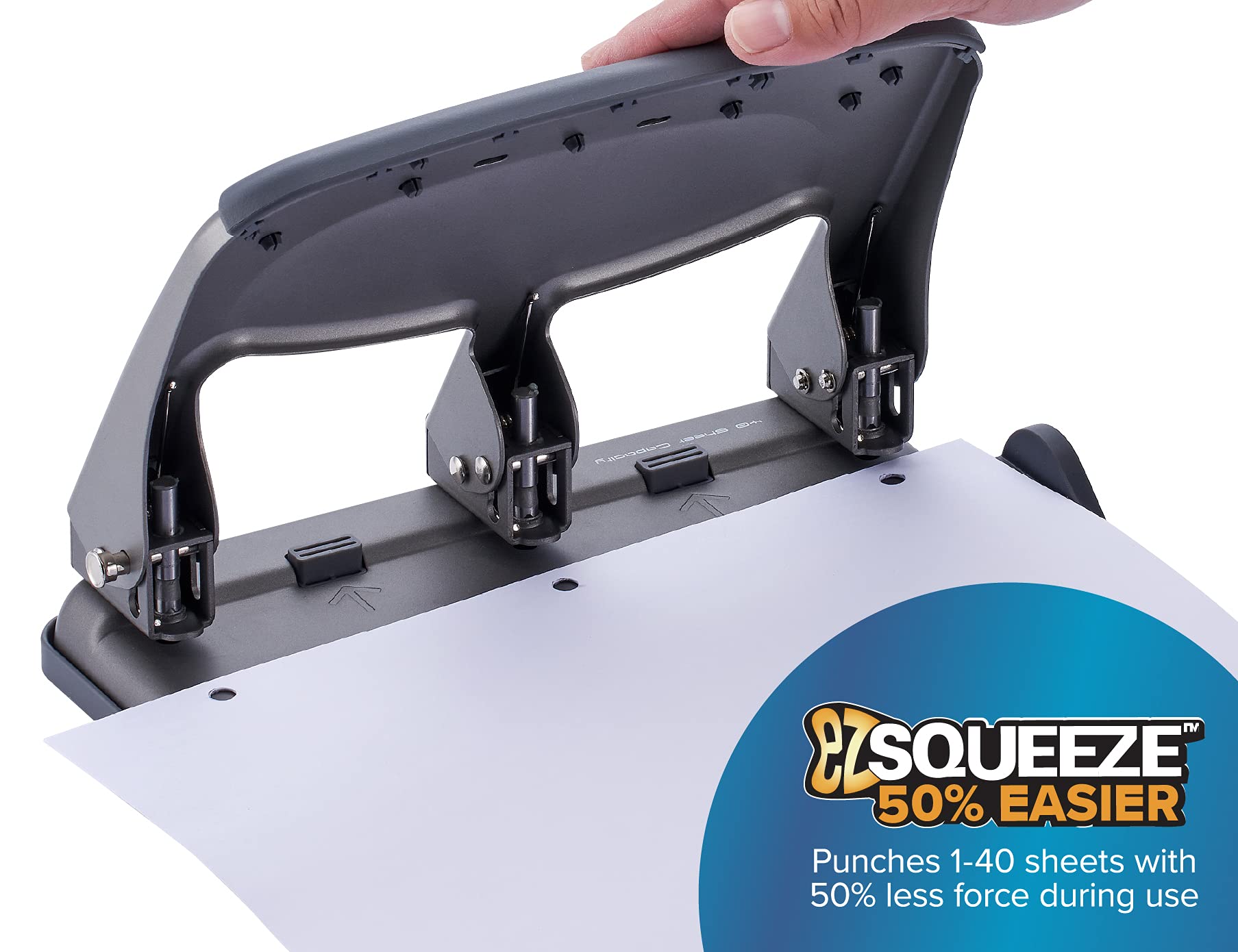 Bostitch EZ Squeeze side profile; ergonomic grip reduces effort during punching