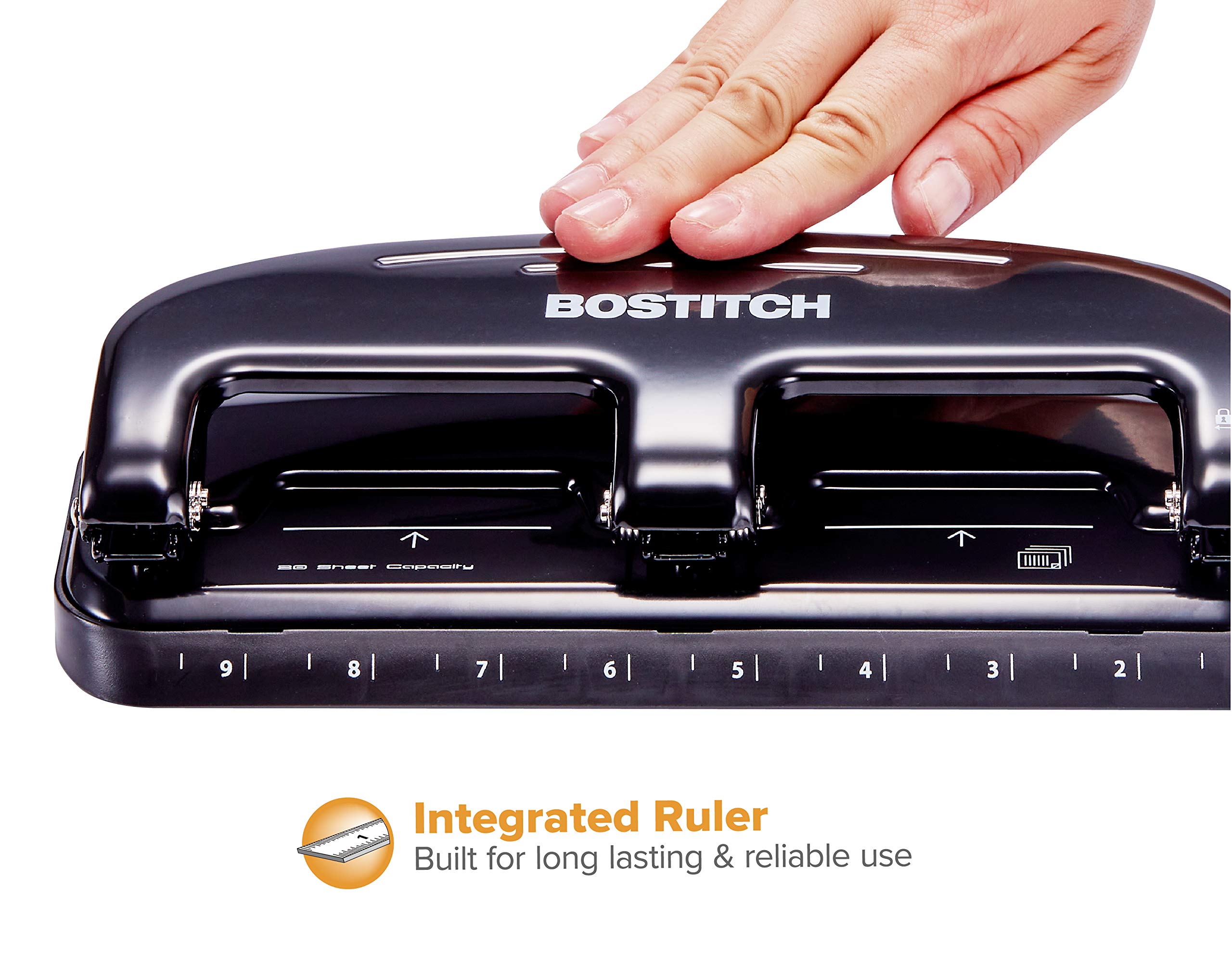 Bostitch HP20 paper guide enables precise hole placement for neat results.