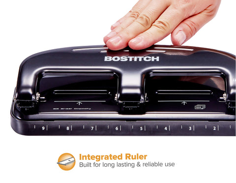 Bostitch HP20 paper guide enables precise hole placement for neat results.