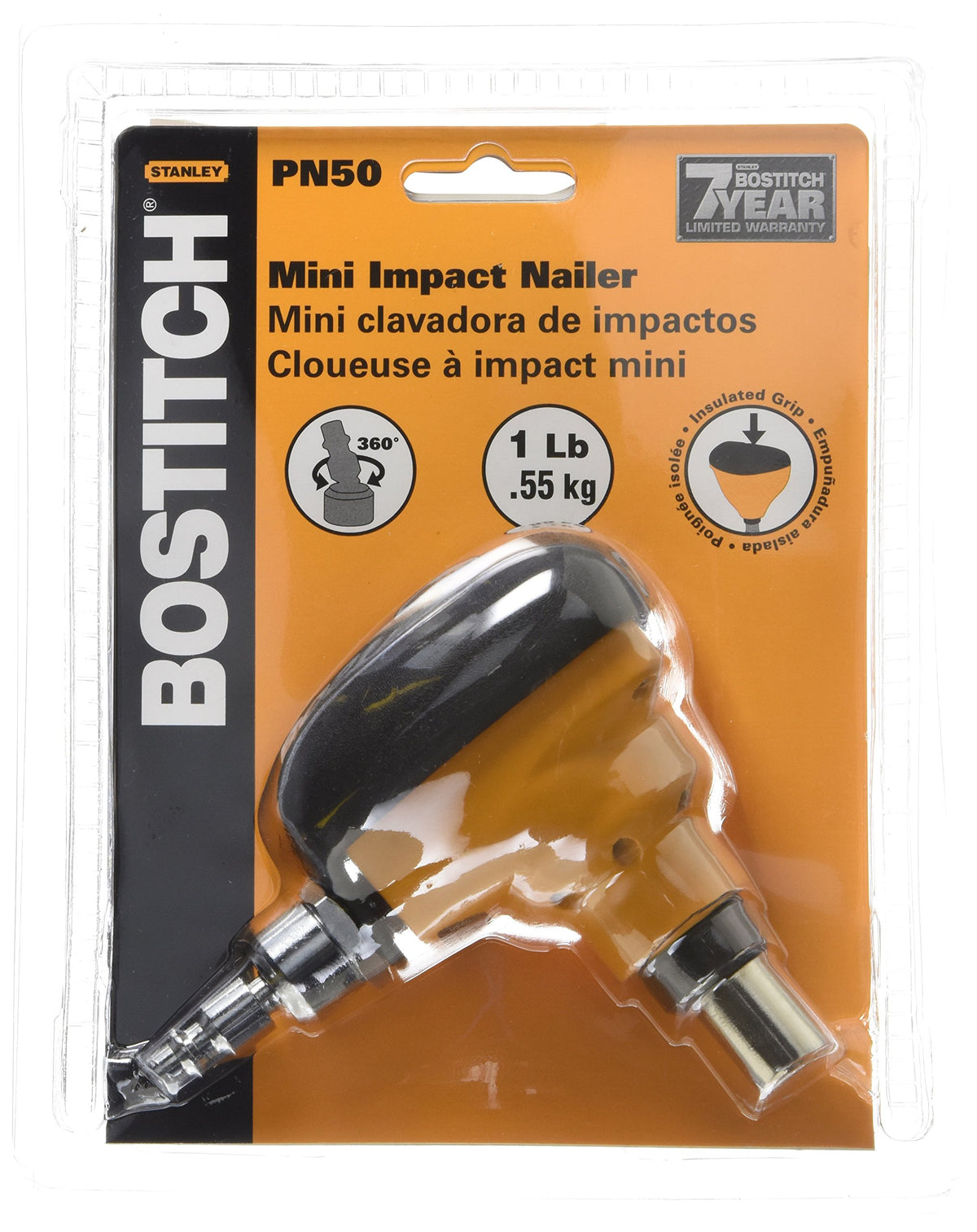 Bostitch PN50 rubber grip reduces vibration for comfortable, controlled nailing.