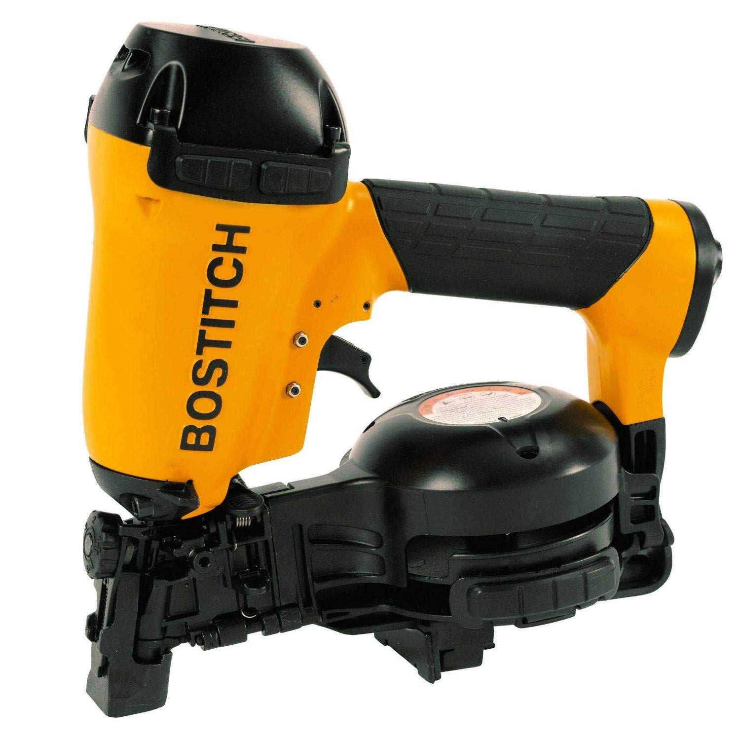Bostitch RN46-1 coil roofing nailer with side-load canister for fast reloads.