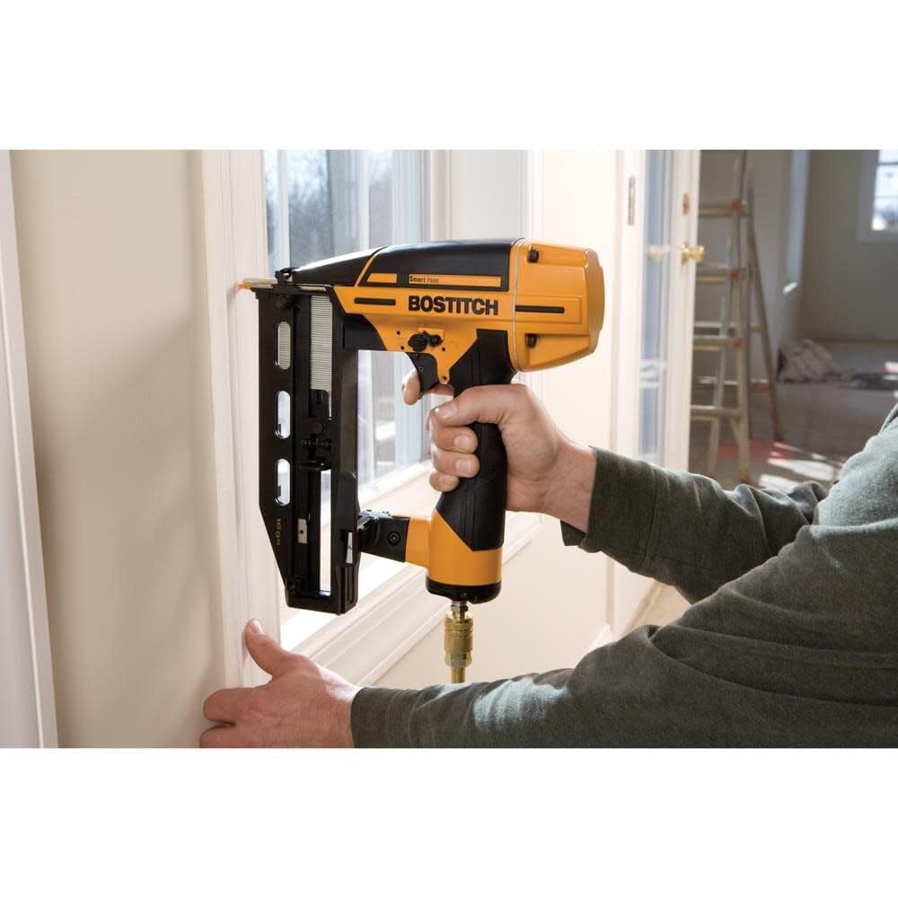 Bostitch finish nailer side view showing compact profile for tight spaces