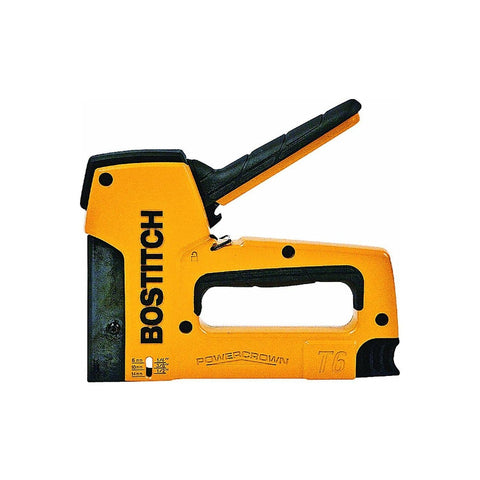 Bostitch T6-8 PowerCrown tacker front view shows durable aluminum body for smooth, reliable stapling.