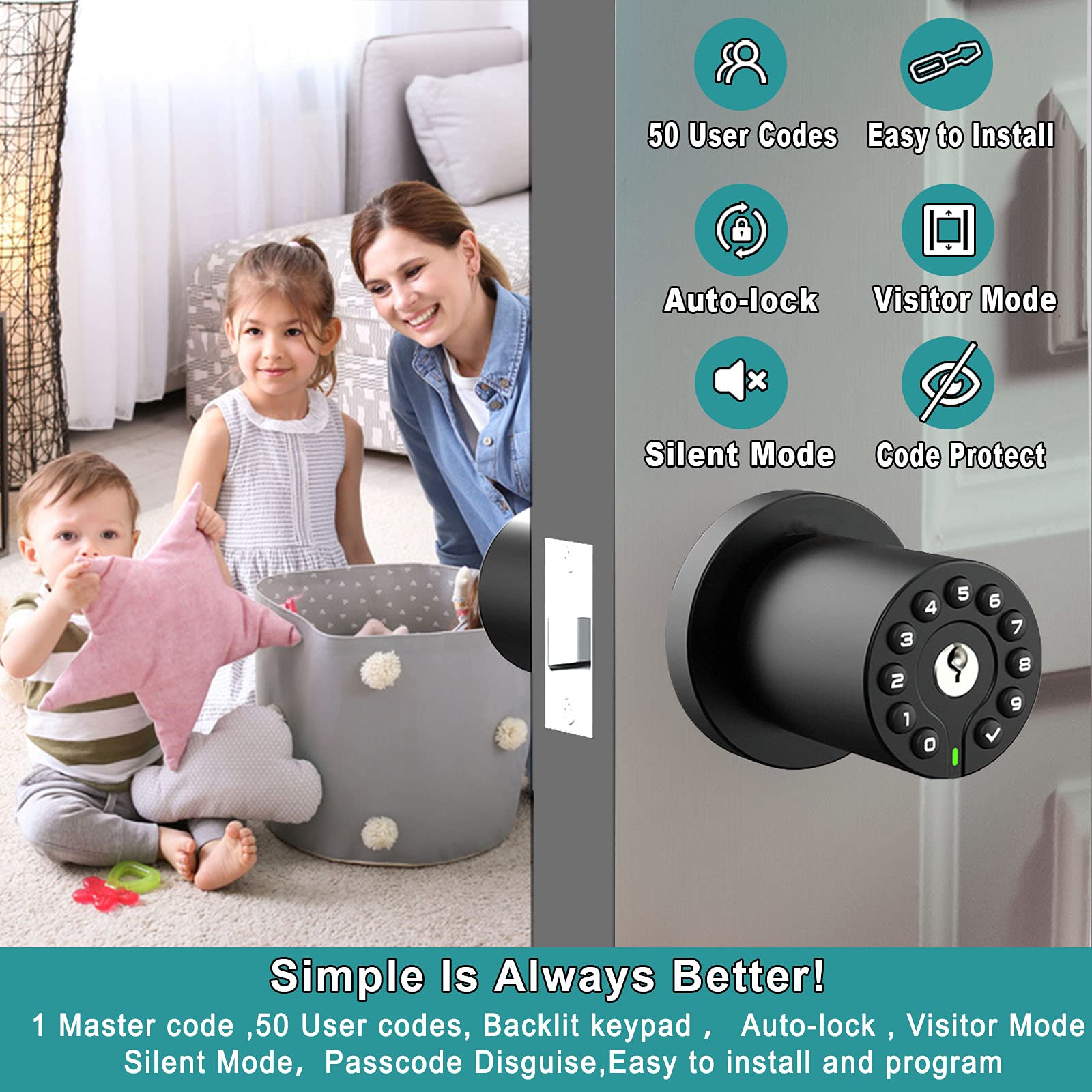 BOTHSTAR keypad door knob side profile, ergonomic handle and backlit keypad.