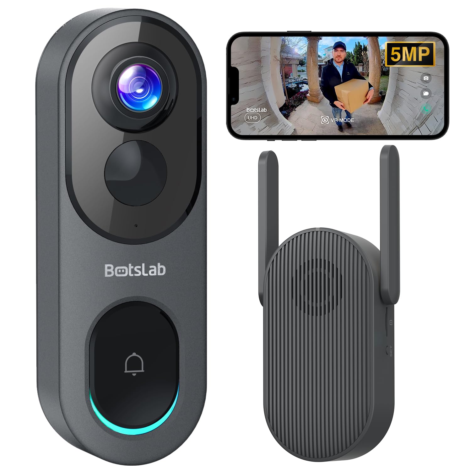 BOTSLAB 5MP doorbell front view with wide coverage for quick visitor awareness.
