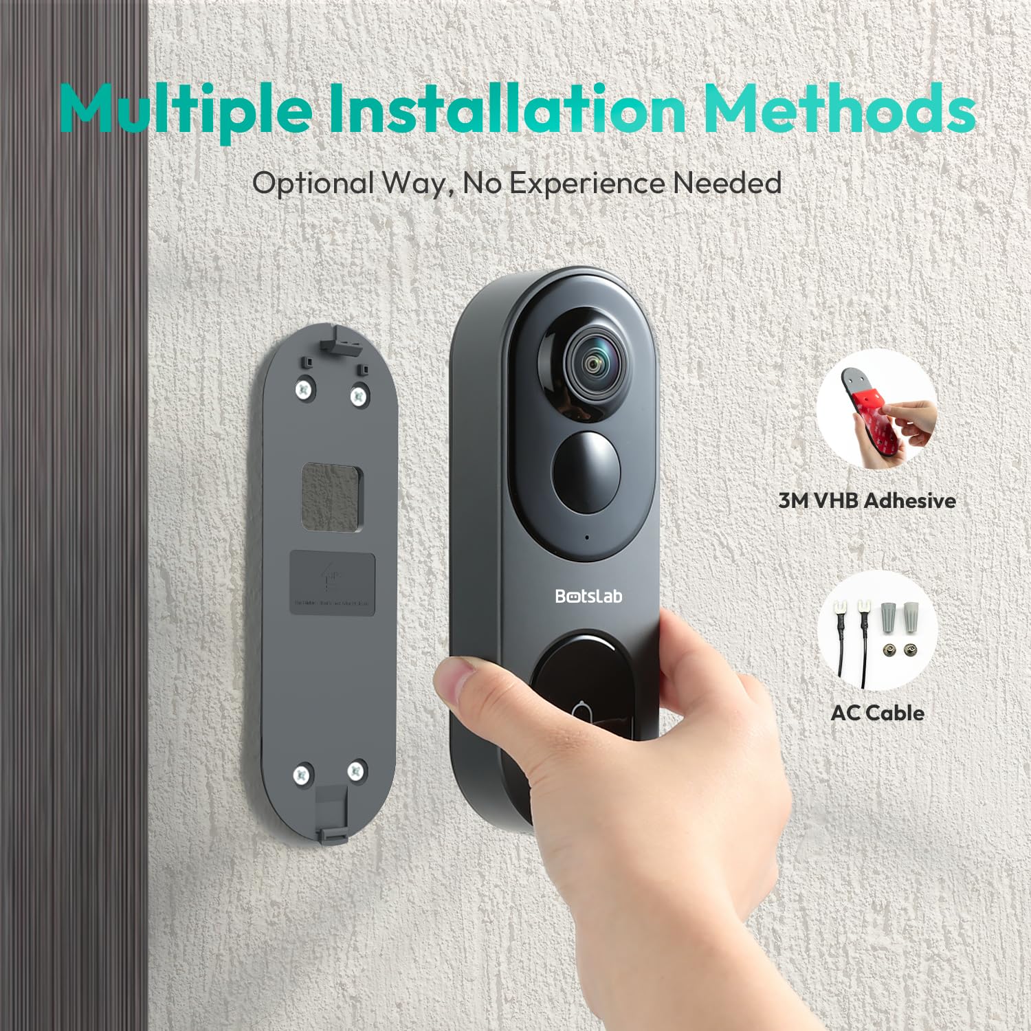 BOTSLAB 5MP doorbell wired power option for continuous operation.