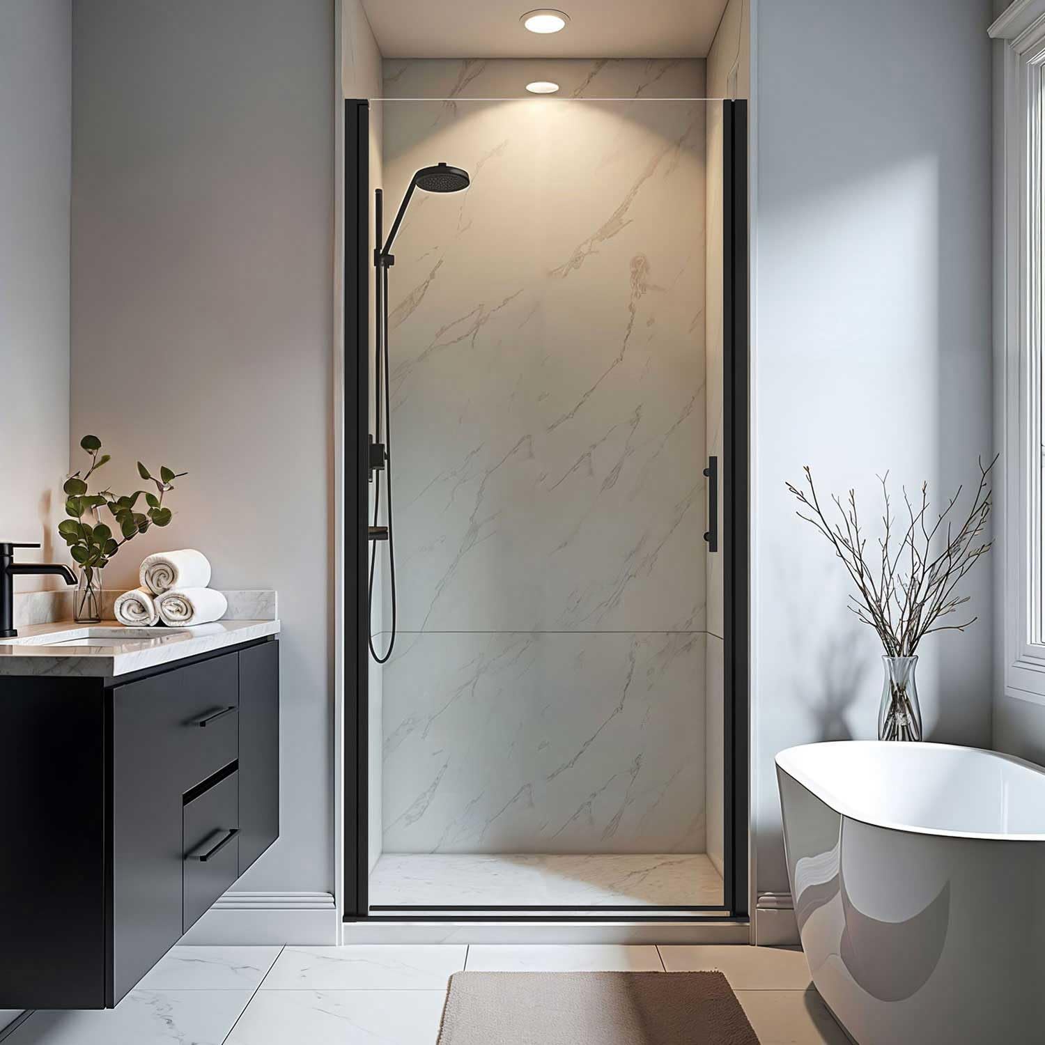 Botwinkle pivot shower door frame in matte black for a sleek, durable bathroom upgrade.
