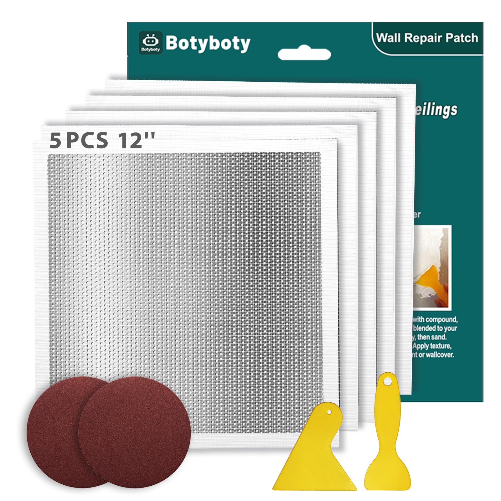 Botyboty drywall repair kit showing five patches for quick large-hole fixes.