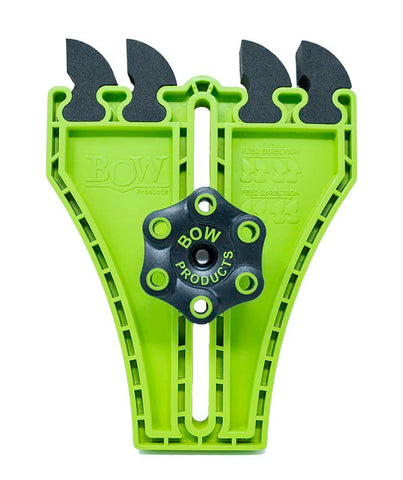 Bow Products FP5 featherboard side view highlighting replaceable feathers and durable foam