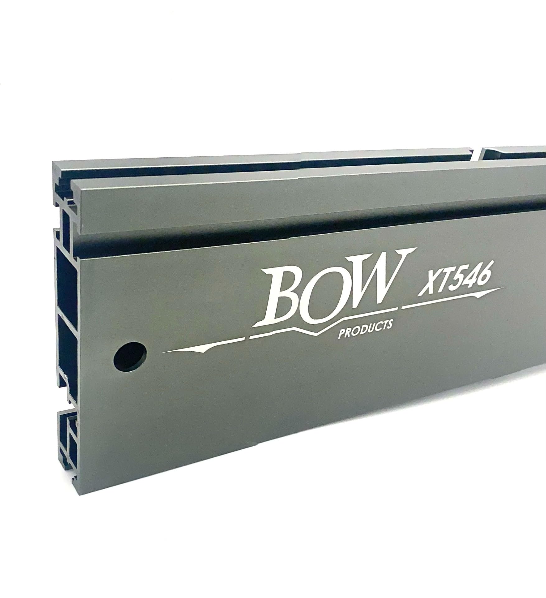 Bow Products XT546 fence side view highlights three top slots for accessory mounting and precision