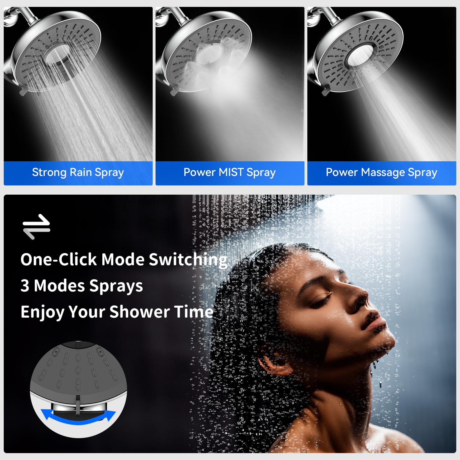 Close-up of Bowger chrome finish on showerhead
