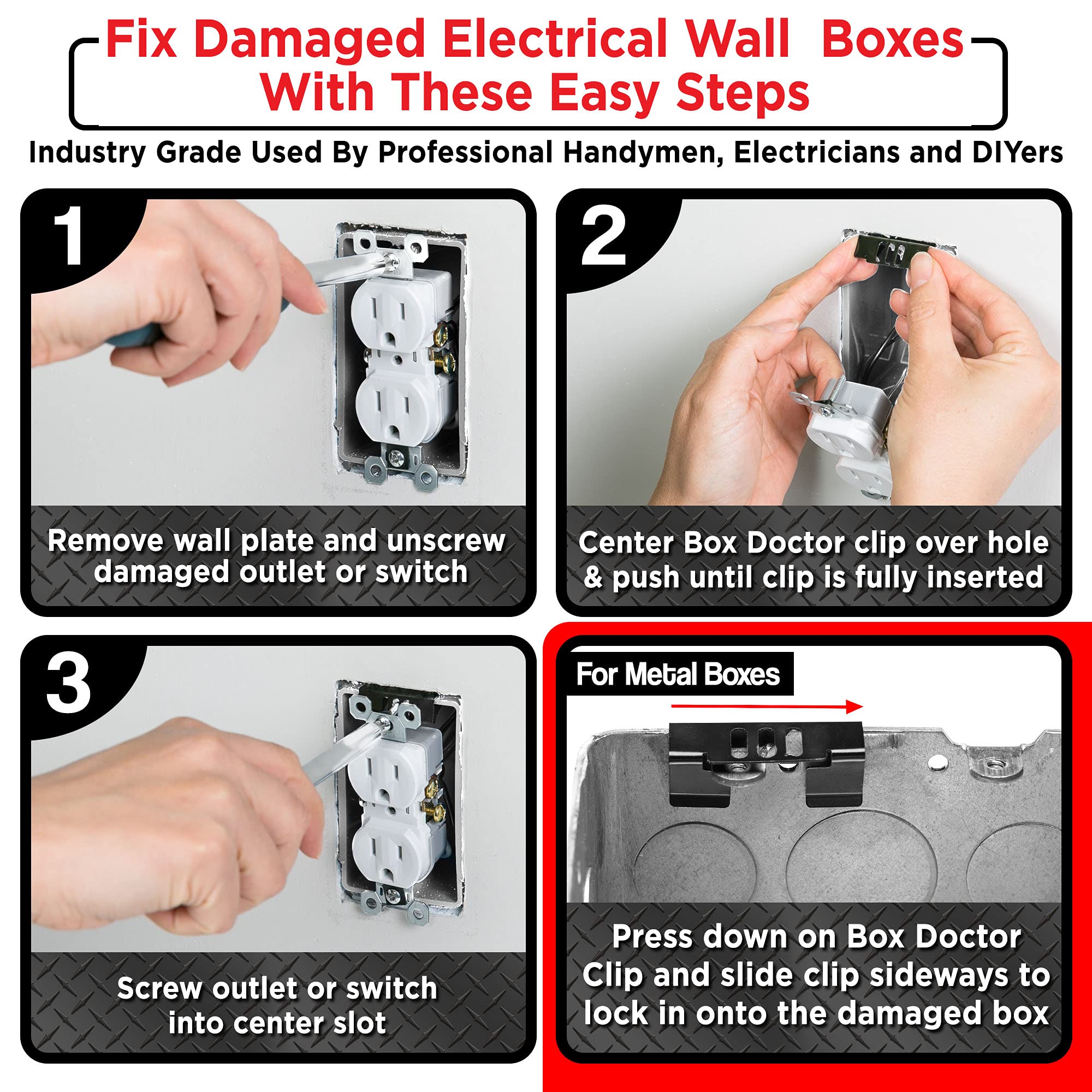 Box Doctor Repair Clips on a loose outlet close-up highlights stabilization.