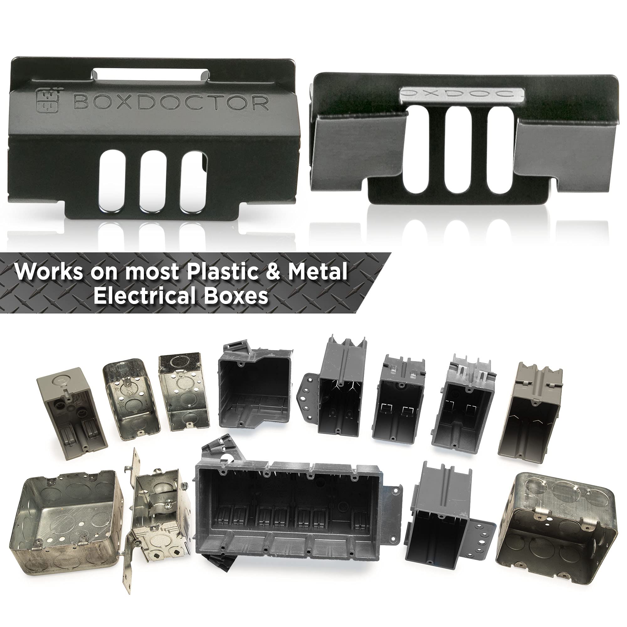 Box Doctor Repair Clips applied to a metal wall box for stability.