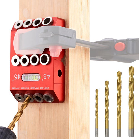 BOXmime angle drill guide jig shows 30°, 45°, and 90° alignment for precise holes.